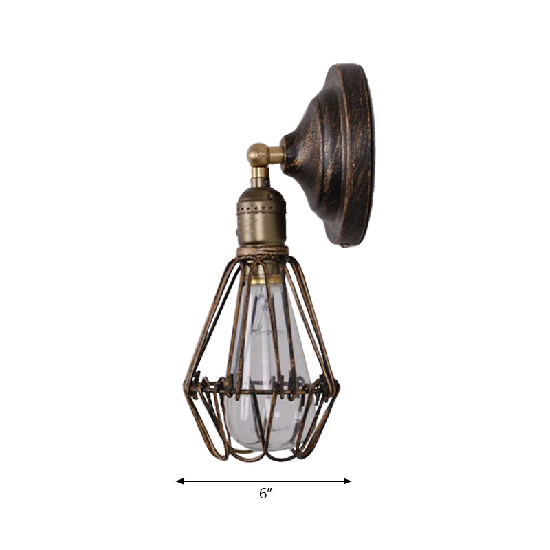 Farmhouse Antique Brass Wrought Iron Sconce - Stylish 1-Bulb Wire Cage Wall Lamp For Restaurants