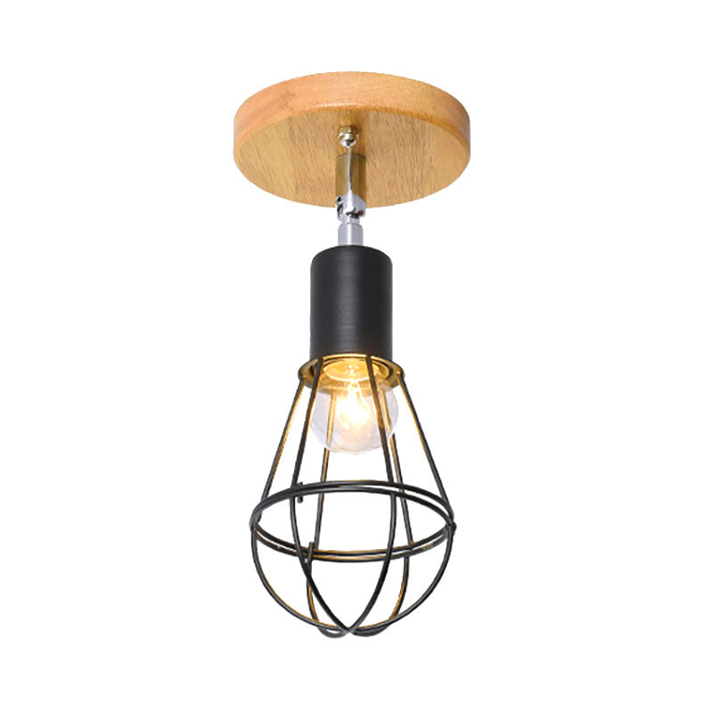 Industrial Loft Ceiling Fixture with Wire Cage and Rotatable Bulb - Black Metallic Semi-Flush Mount for 4"/5.5" Dia