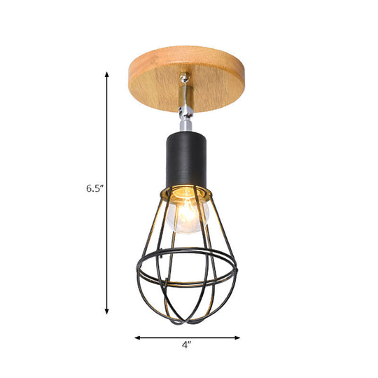 Industrial Loft Ceiling Fixture with Wire Cage and Rotatable Bulb - Black Metallic Semi-Flush Mount for 4"/5.5" Dia