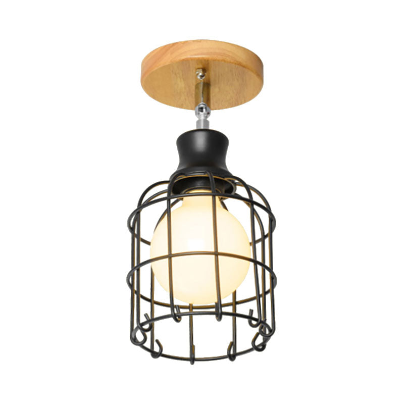 Industrial Loft Ceiling Fixture with Wire Cage and Rotatable Bulb - Black Metallic Semi-Flush Mount for 4"/5.5" Dia