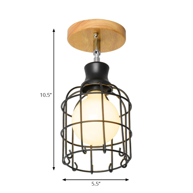 Industrial Loft Ceiling Fixture with Wire Cage and Rotatable Bulb - Black Metallic Semi-Flush Mount for 4"/5.5" Dia