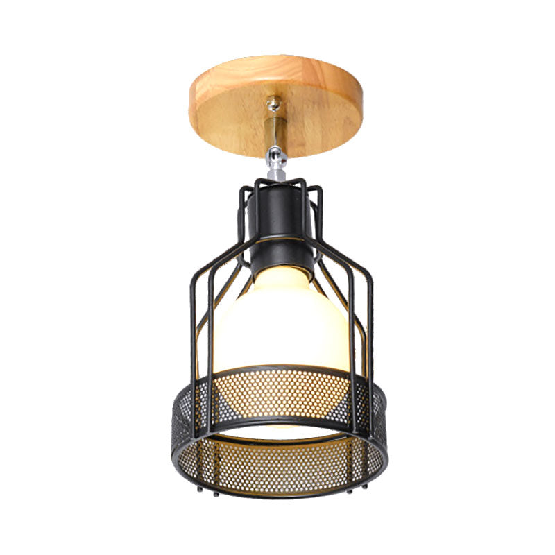 Industrial Loft Ceiling Fixture with Wire Cage and Rotatable Bulb - Black Metallic Semi-Flush Mount for 4"/5.5" Dia