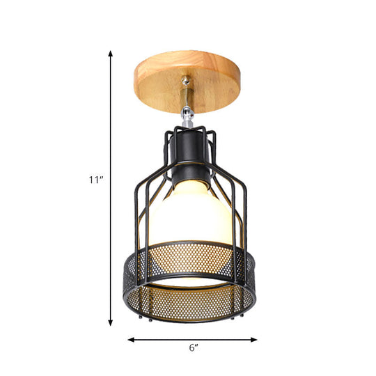 Industrial Loft Ceiling Fixture with Wire Cage and Rotatable Bulb - Black Metallic Semi-Flush Mount for 4"/5.5" Dia