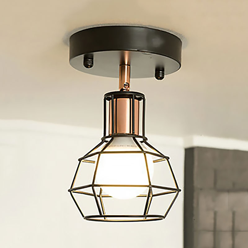 Industrial Metal Dome Ceiling Light with Wire Cage Shade - Black/White