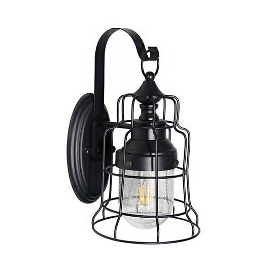 Black Caged Wall Light With Inner Glass Shade For Coastal Style Decor