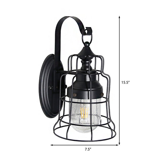 Black Caged Wall Light With Inner Glass Shade For Coastal Style Decor