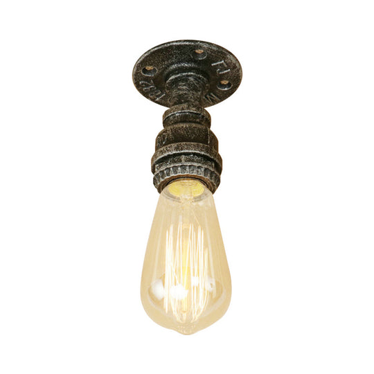 Semi Flush Industrial Rustic Ceiling Lamp - Open Bulb Iron Head in Bronze/Antique Brass for Corridors