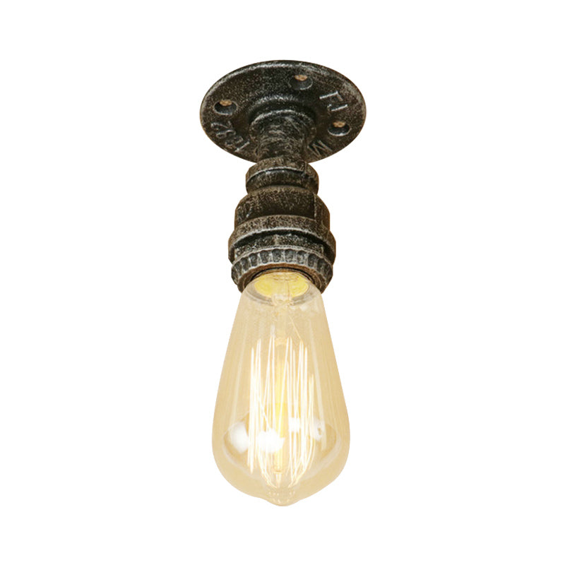 Semi Flush Industrial Rustic Ceiling Lamp - Open Bulb Iron Head In Bronze/Antique Brass For