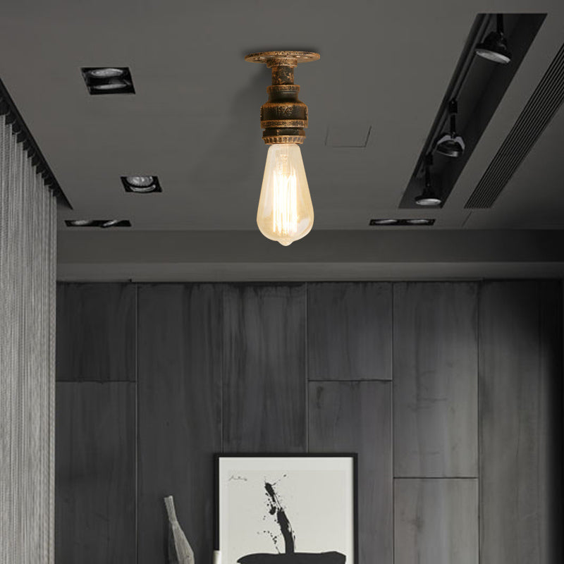 Semi Flush Industrial Rustic Ceiling Lamp - Open Bulb Iron Head in Bronze/Antique Brass for Corridors