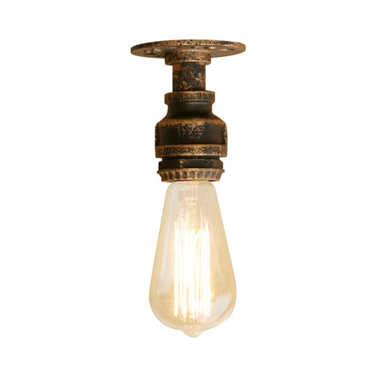 Semi Flush Industrial Rustic Ceiling Lamp - Open Bulb Iron Head in Bronze/Antique Brass for Corridors