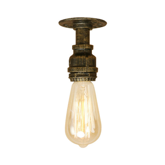 Semi Flush Industrial Rustic Ceiling Lamp - Open Bulb Iron Head in Bronze/Antique Brass for Corridors