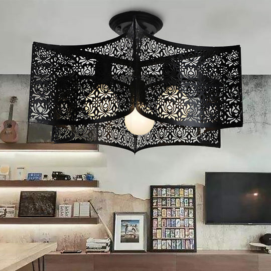 Black Drum Design Semi Flush Light - Vintage Retro Metallic 3-Head Foyer Flush Mount, 16"/16.5" W