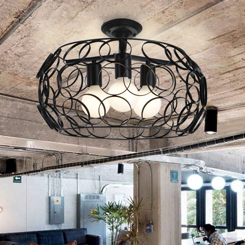 Black Drum Design Semi Flush Light - Vintage Retro Metallic 3-Head Foyer Flush Mount, 16"/16.5" W