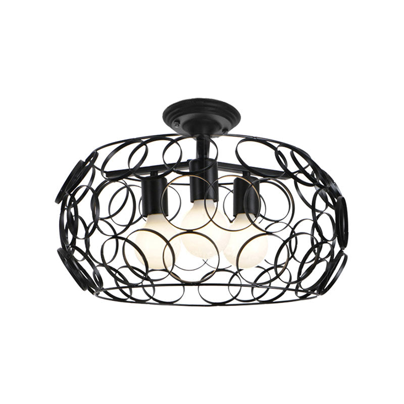 Black Drum Design Semi Flush Light - Vintage Retro Metallic 3-Head Foyer Flush Mount, 16"/16.5" W