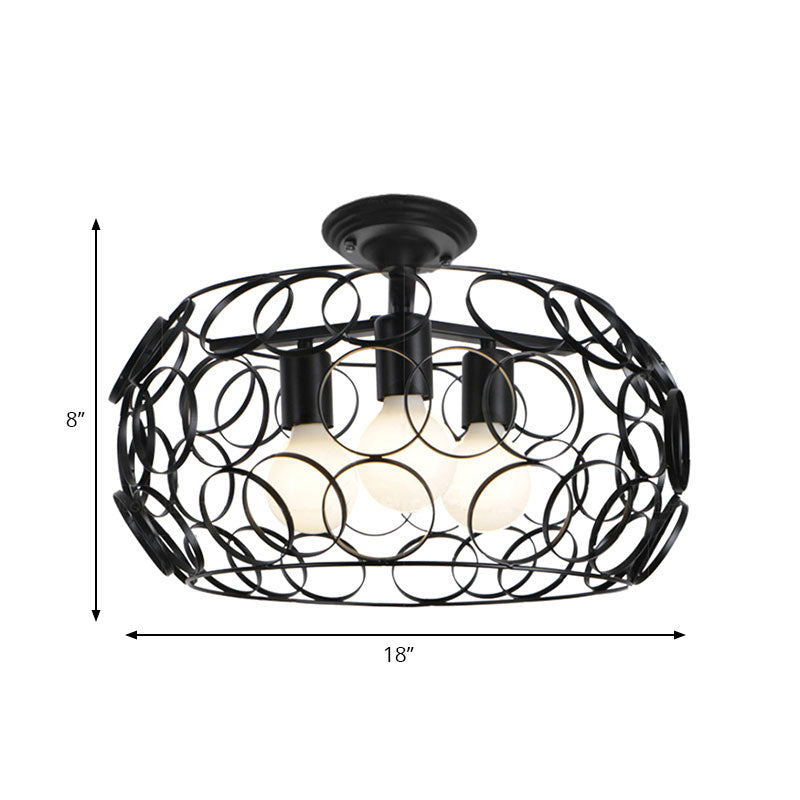 Black Drum Design Semi Flush Light - Vintage Retro Metallic 3-Head Foyer Flush Mount, 16"/16.5" W