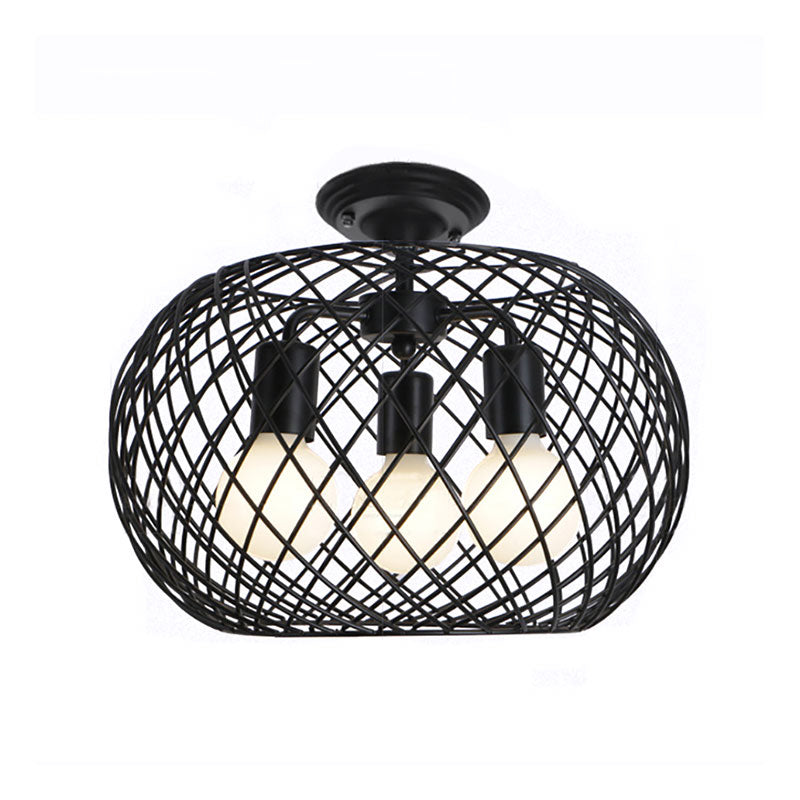 Black Drum Design Semi Flush Light - Vintage Retro Metallic 3-Head Foyer Flush Mount, 16"/16.5" W