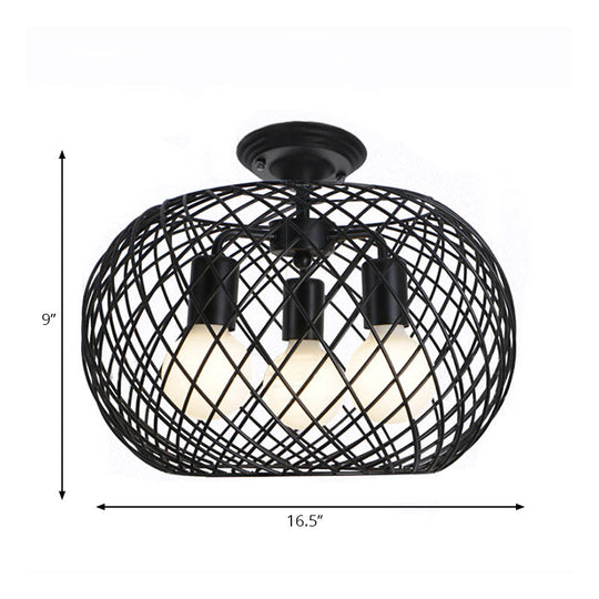 Black Drum Design Semi Flush Light - Vintage Retro Metallic 3-Head Foyer Flush Mount, 16"/16.5" W