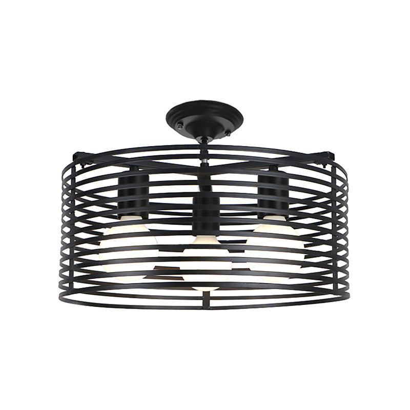 Black Drum Design Semi Flush Light - Vintage Retro Metallic 3-Head Foyer Flush Mount, 16"/16.5" W