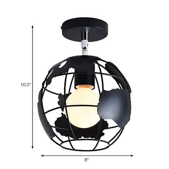 Industrial Black Cage Pendant Light For Corridor Ceiling - Semi Flush Globe/Oval Shape With Iron