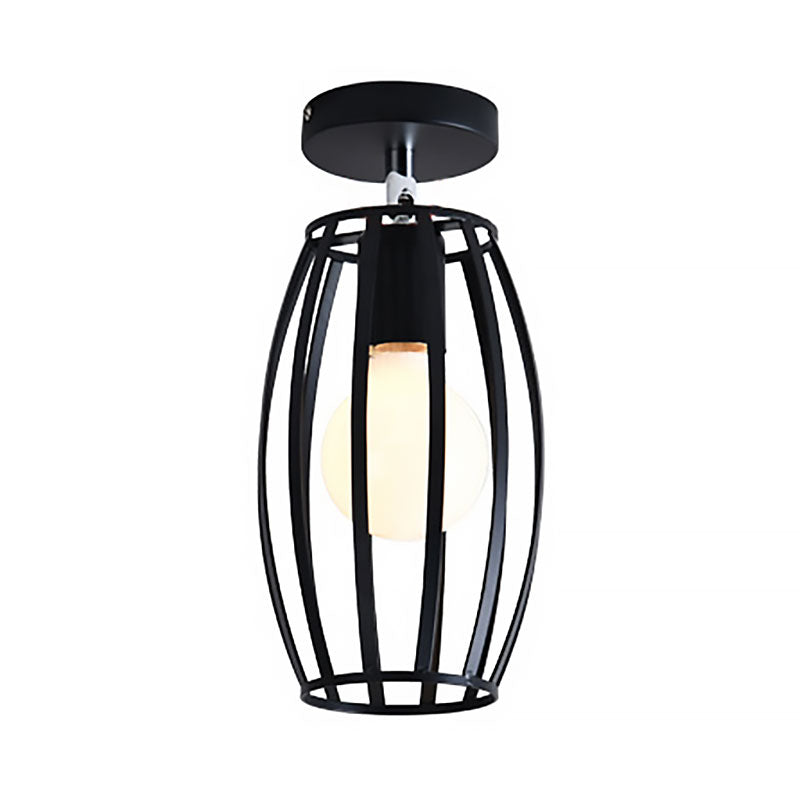 Industrial Black Cage Pendant Light for Corridor Ceiling - Semi Flush Globe/Oval Shape with Iron 1-Light