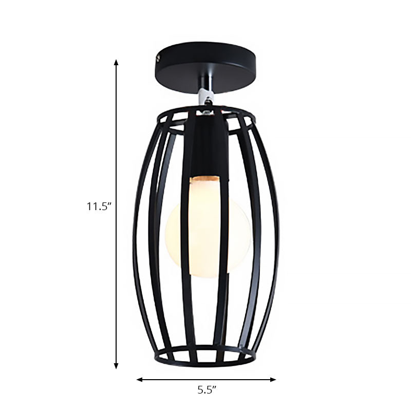 Industrial Black Cage Pendant Light for Corridor Ceiling - Semi Flush Globe/Oval Shape with Iron 1-Light