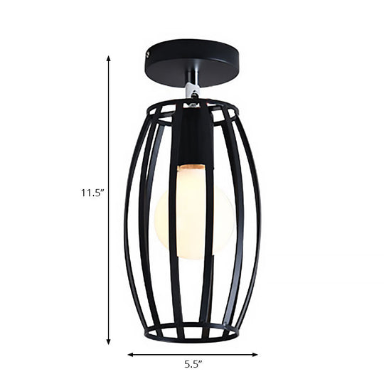 Industrial Black Cage Pendant Light for Corridor Ceiling - Semi Flush Globe/Oval Shape with Iron 1-Light