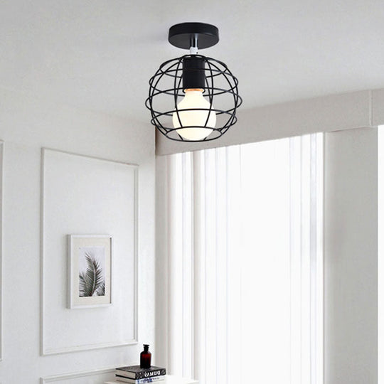 Industrial Black Cage Pendant Light for Corridor Ceiling - Semi Flush Globe/Oval Shape with Iron 1-Light