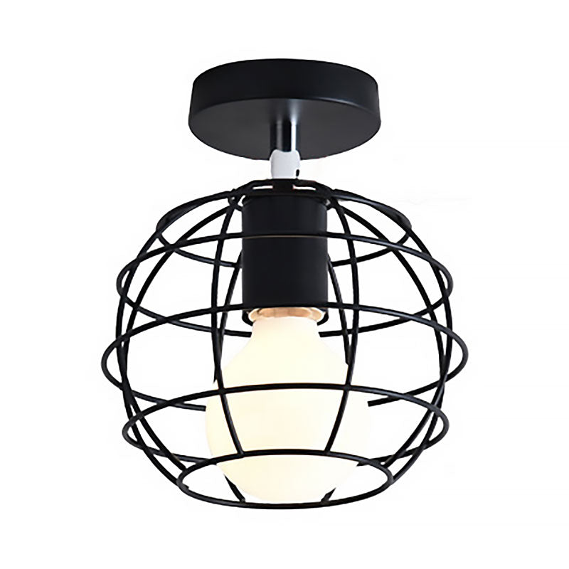 Industrial Black Cage Pendant Light for Corridor Ceiling - Semi Flush Globe/Oval Shape with Iron 1-Light