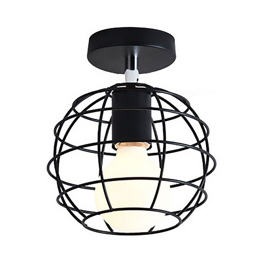 Industrial Black Cage Pendant Light For Corridor Ceiling - Semi Flush Globe/Oval Shape With Iron