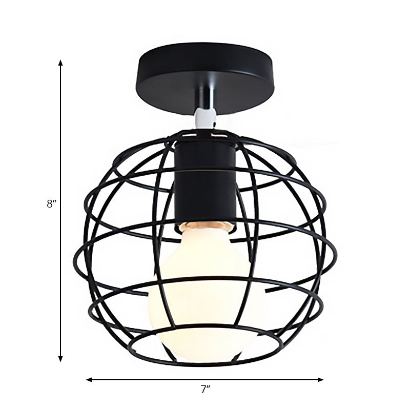 Industrial Black Cage Pendant Light for Corridor Ceiling - Semi Flush Globe/Oval Shape with Iron 1-Light