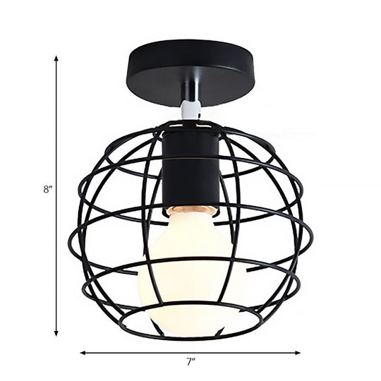 Industrial Black Cage Pendant Light For Corridor Ceiling - Semi Flush Globe/Oval Shape With Iron