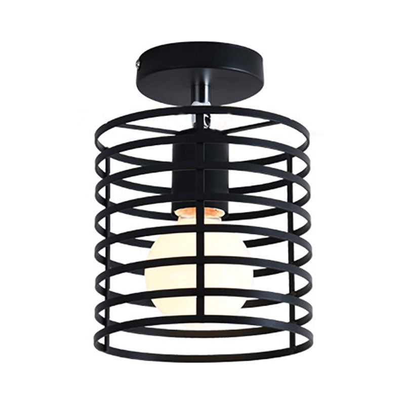 Retro Vintage Metal Cylinder/Drum Cage Semi-Flush Ceiling Light - Black Semi Flush Fixture with Rotatable 1-Head for Bedroom