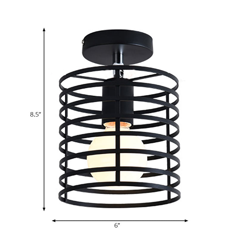 Retro Vintage Metal Cylinder/Drum Cage Semi-Flush Ceiling Light - Black Semi Flush Fixture with Rotatable 1-Head for Bedroom