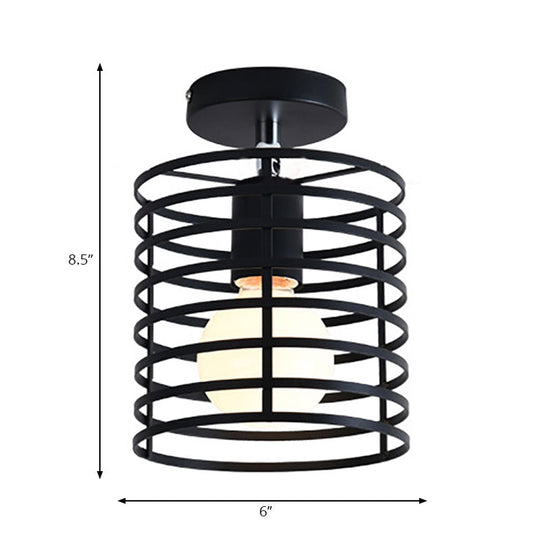 Retro Vintage Metal Cylinder/Drum Cage Semi-Flush Ceiling Light - Black Semi Flush Fixture with Rotatable 1-Head for Bedroom