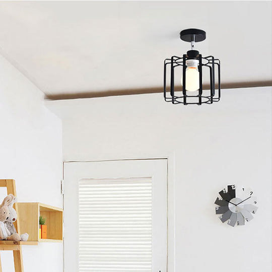 Retro Vintage Metal Cylinder/Drum Cage Semi-Flush Ceiling Light - Black Semi Flush Fixture with Rotatable 1-Head for Bedroom