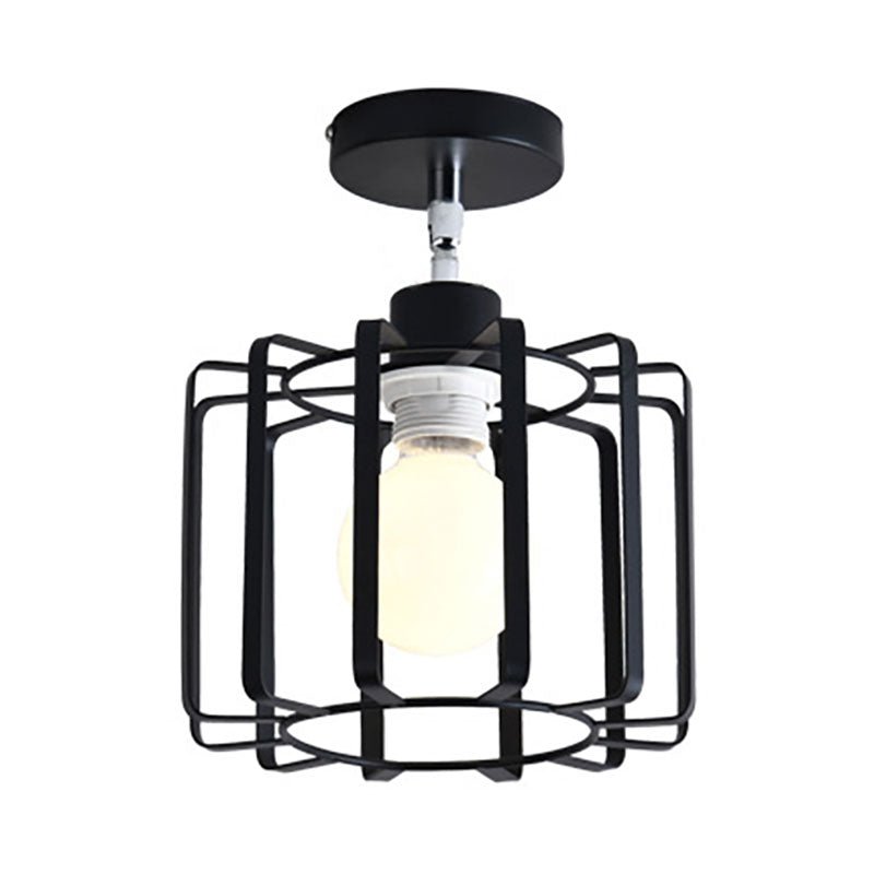 Retro Vintage Metal Cylinder/Drum Cage Semi-Flush Ceiling Light - Black Semi Flush Fixture with Rotatable 1-Head for Bedroom