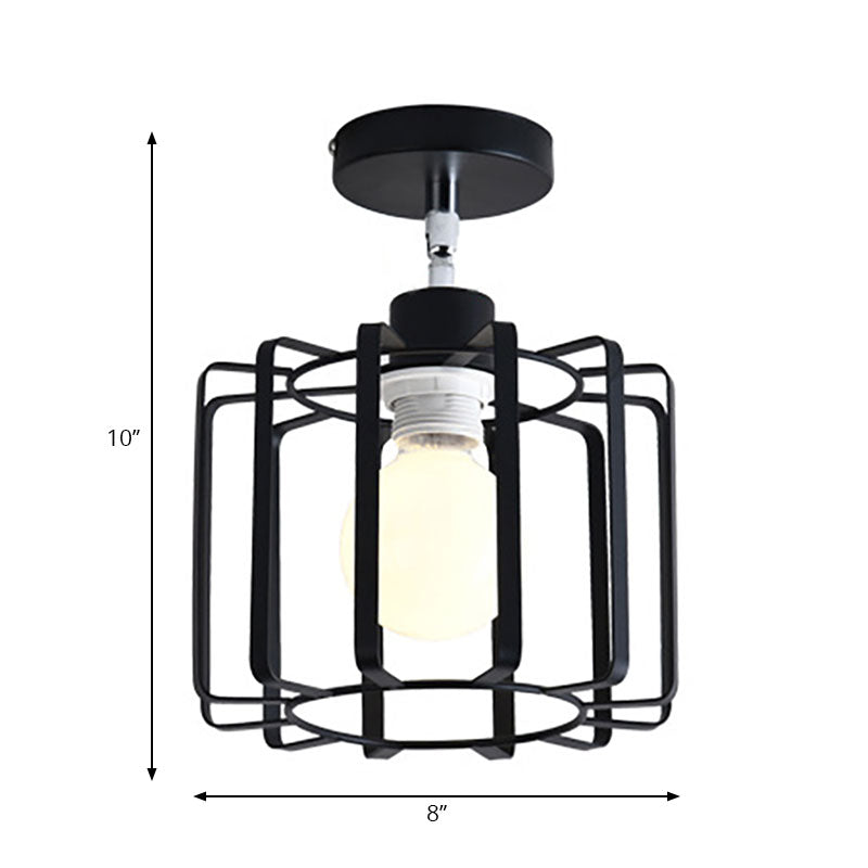 Retro Vintage Metal Cylinder/Drum Cage Semi-Flush Ceiling Light - Black Semi Flush Fixture with Rotatable 1-Head for Bedroom