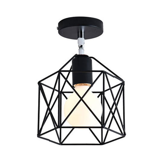 Retro Vintage Metal Cylinder/Drum Cage Semi-Flush Ceiling Light - Black Semi Flush Fixture with Rotatable 1-Head for Bedroom