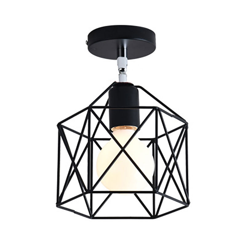 Retro Vintage Metal Cylinder/Drum Cage Semi-Flush Ceiling Light - Black Semi Flush Fixture With