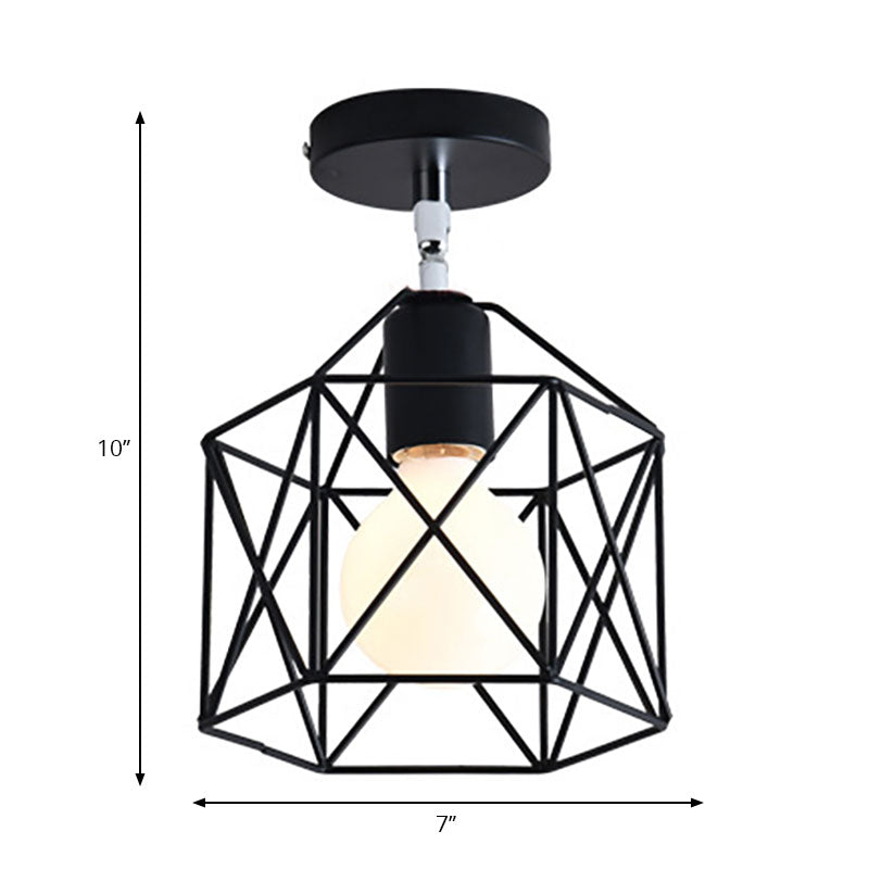 Retro Vintage Metal Cylinder/Drum Cage Semi-Flush Ceiling Light - Black Semi Flush Fixture with Rotatable 1-Head for Bedroom