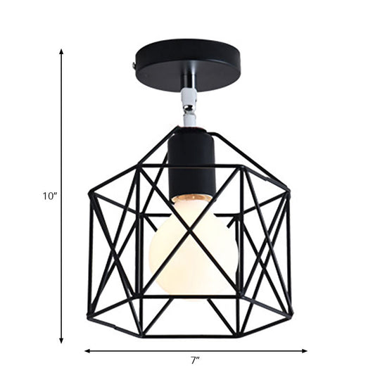 Retro Vintage Metal Cylinder/Drum Cage Semi-Flush Ceiling Light - Black Semi Flush Fixture With