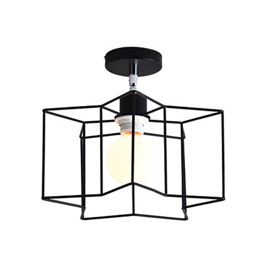 Retro Vintage Metal Cylinder/Drum Cage Semi-Flush Ceiling Light - Black Semi Flush Fixture with Rotatable 1-Head for Bedroom