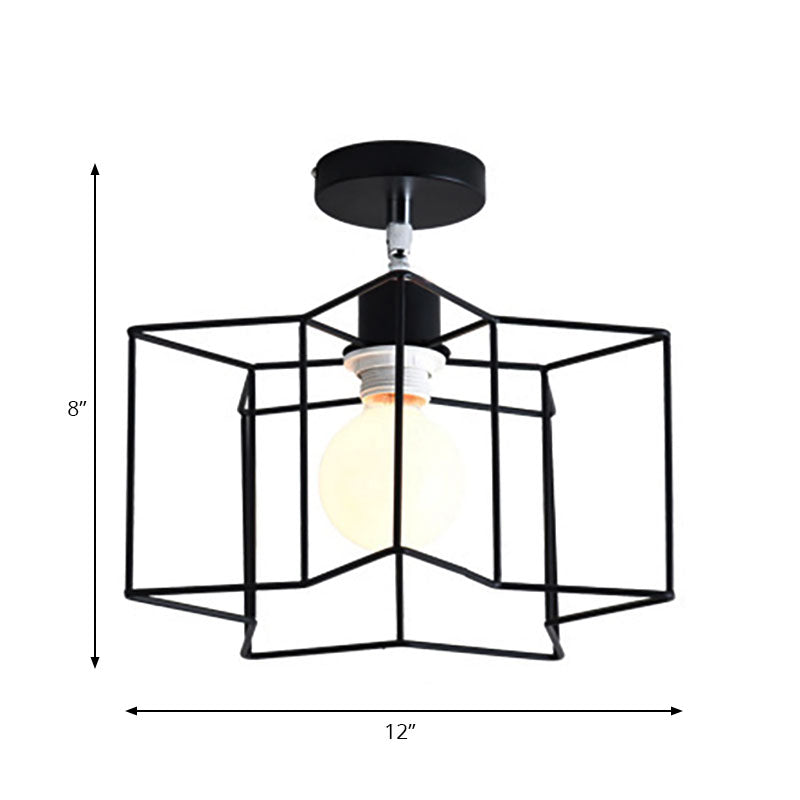 Retro Vintage Metal Cylinder/Drum Cage Semi-Flush Ceiling Light - Black Semi Flush Fixture with Rotatable 1-Head for Bedroom