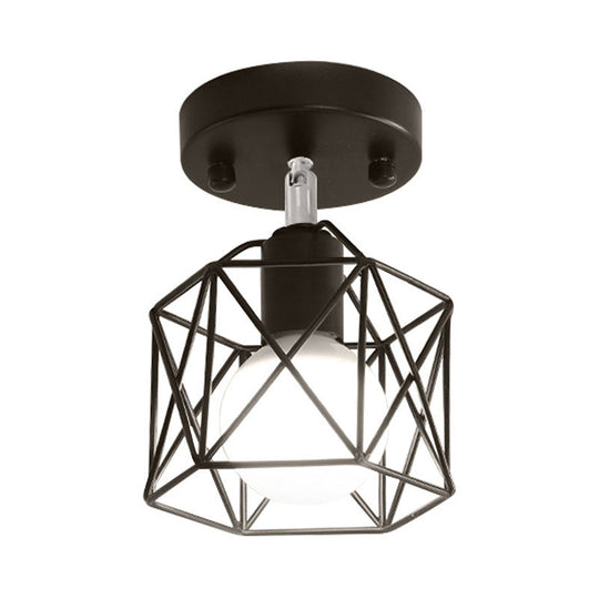 Industrial Loft Black Iron Hexagon Semi Flush Ceiling Light With Wire Guard For Kitchen