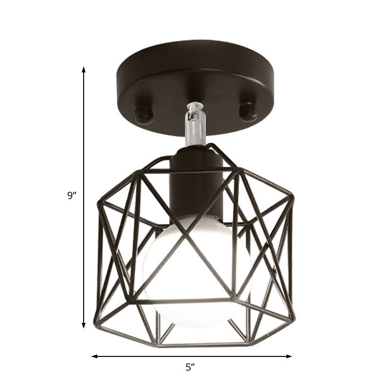 Industrial Loft Black Iron Hexagon Semi Flush Ceiling Light with Wire Guard for Kitchen