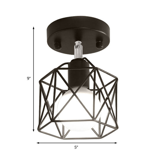 Industrial Loft Black Iron Hexagon Semi Flush Ceiling Light With Wire Guard For Kitchen