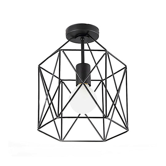 Geometric Cage Semi-Flush Ceiling Fixture - Industrial Black Metallic Finish - Balcony Lighting