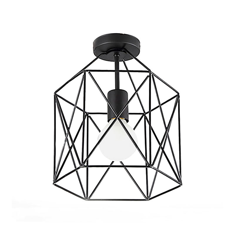 Geometric Cage Semi-Flush Ceiling Fixture - Industrial Black Metallic Finish Balcony Lighting