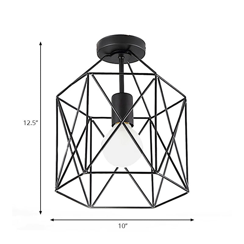 Geometric Cage Semi-Flush Ceiling Fixture - Industrial Black Metallic Finish - Balcony Lighting