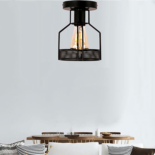 Black Metal Industrial Loft Ceiling Light with Mesh Screen - Semi Flush Mount for Dining Room